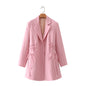Spring Autumn Women Clothing Pink Drawstring Mid Length Waisted Pink Slimming Blazer