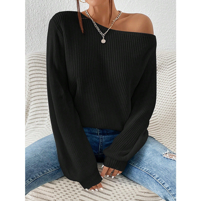 Diagonal Collar Strapless Sexy Sweater Autumn Winter Solid Color Loose Lazy Women Sweater