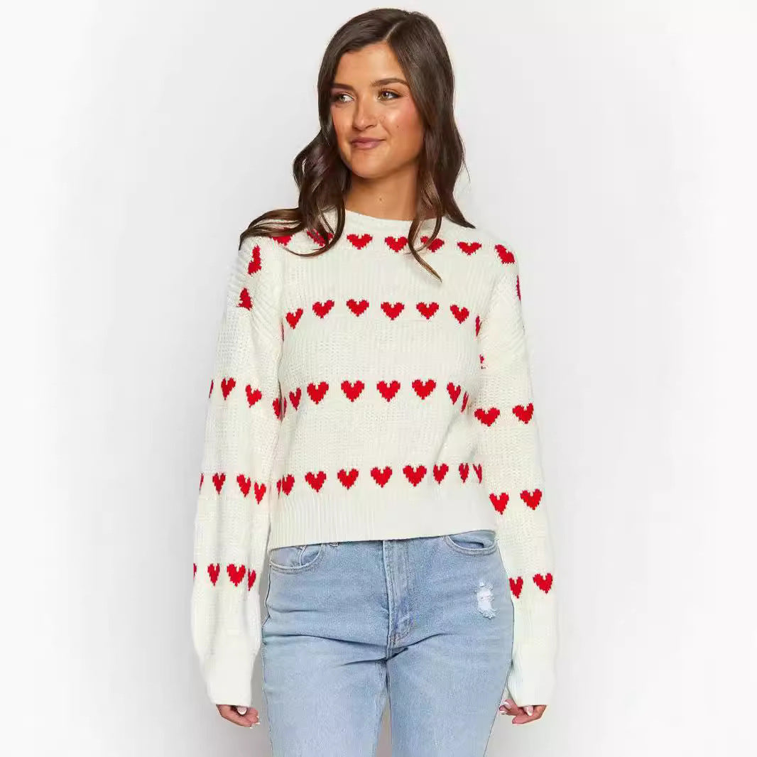 Autumn Winter Sweet Cute Love Heart Two Color Jacquard Contrast Color round Neck Long Sleeve Sweater Pullover