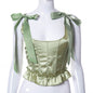Women Clothing Summer Fashionable Green Ruffled Silk Lace Up Waist Top