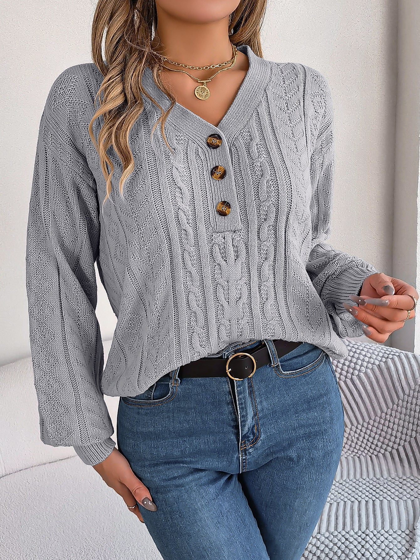 Autumn Winter Solid Color Twist V neck Buttons Lantern Sleeve Pullover Sweater Women Clothing