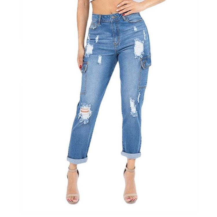 Multi Bag Jeans Women Casual Washed Ripped Straight Pants High Waist Jeans