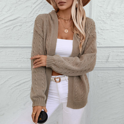 Autumn Winter Solid Color Hooded Knit Cardigan Women Retro Loose Long Sleeve Sweater Coat Women