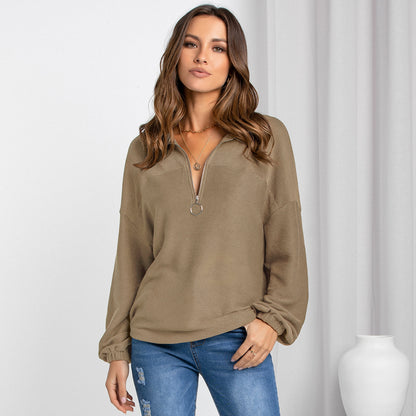 Women Clothing Autumn Winter Top Women Casual Pullover V-neck Solid Color Loose