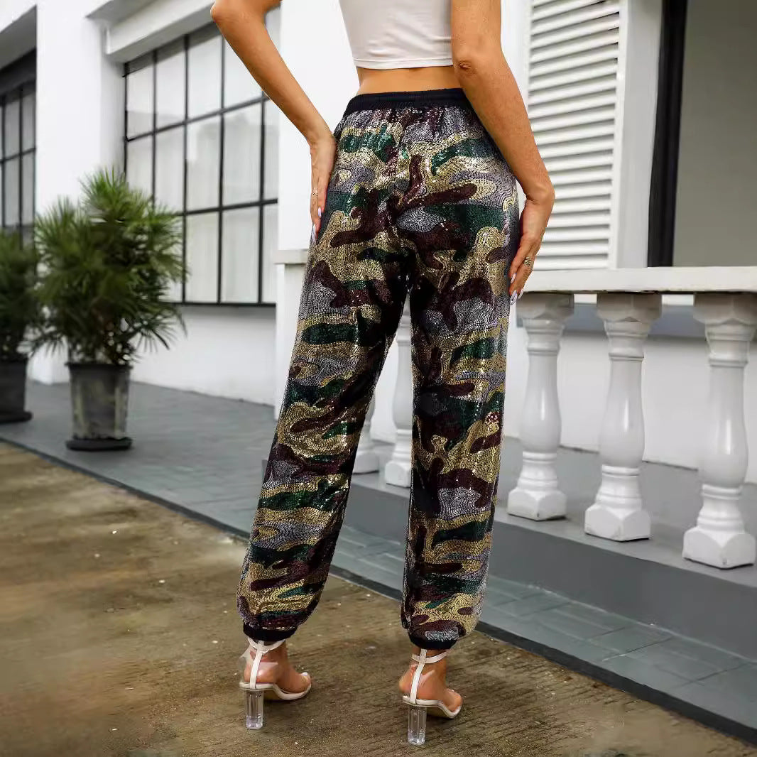 Camouflage Sequined Casual Trousers Elastic High Waist Bandage Loose Straight Leg Ankle Banded Pants