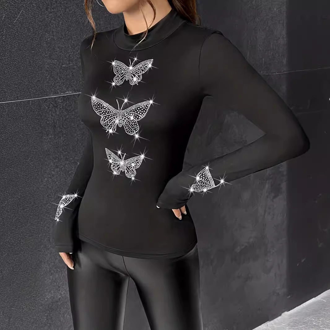 Autumn Winter Heavy Industry Butterfly Rhinestone Long Sleeve Underwear T shirt Top Women