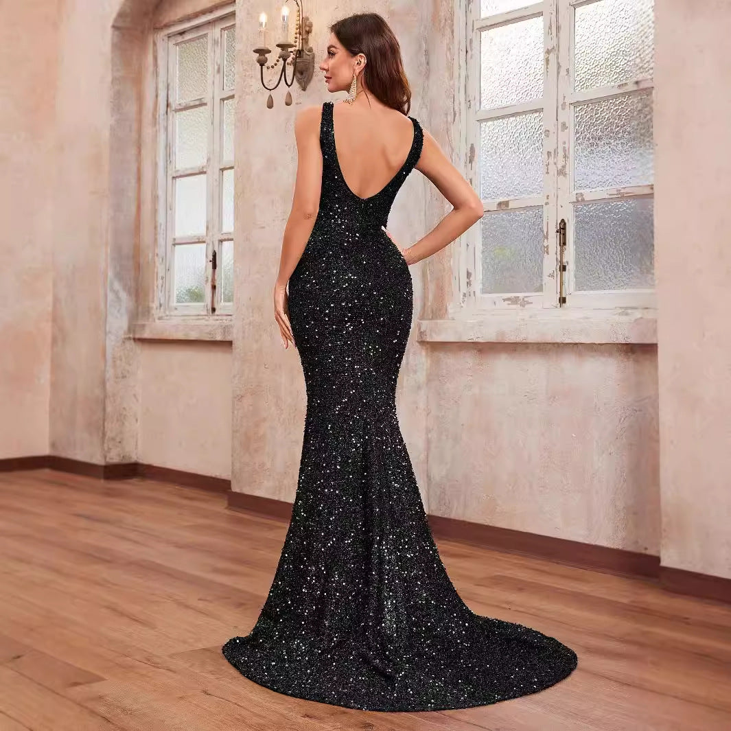 Women Prom Party Dress Sequined Sleeveless High End Affordable Luxury Fishtail Evening Gown Elegant