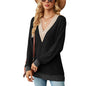 Autumn Winter Lace V-Collar Contrast Color Slit Loose Long Sleeve T-shirt Top Ladies