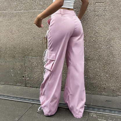 Niche Design Lace Up Bow Patchwork Casual Pants Street Trend Low Waist Baggy Straight Trousers Women Summer