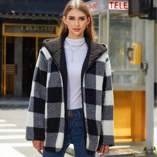 Women Clothing Autumn Winter Plaid Loose Casual Buckle-Free Cardigan Double Layer Plush Coat Women