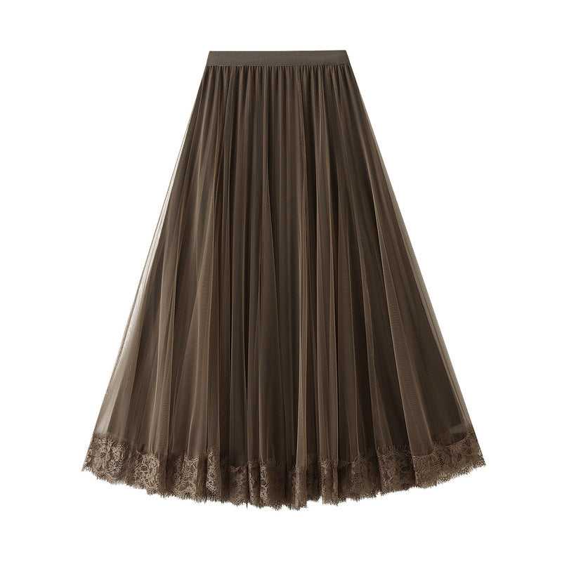 Pleated Skirt Autumn Winter Women Patchwork Lace Skirt Mid Length Two Sided Drape Mesh Large Swing Skirt