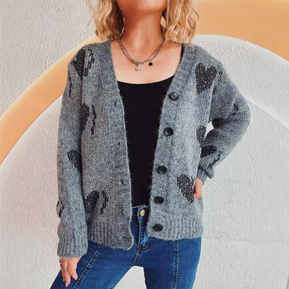 Women Knitted Cardigan Autumn Winter Loose Soft Glutinous V neck Top High Grade Love Sweater Coat for Women