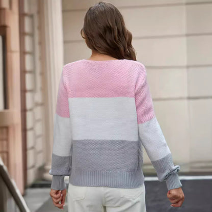 Women Sweater V neck Pullover Long Sleeve Sweater Colorblock Button Top