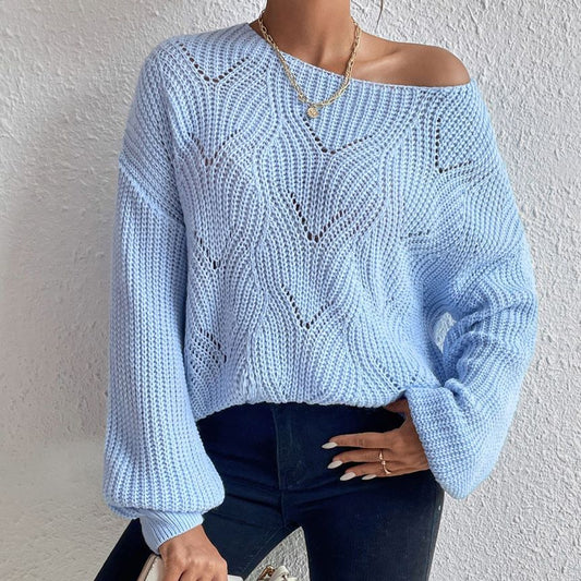 Women Popular off the Shoulder Sweater round Neck Hollowed Casual Sweater Sweater