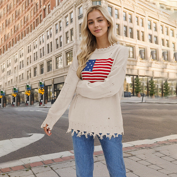 Autumn Winter Round Neck Flag Easter Independence Day Sweater Women