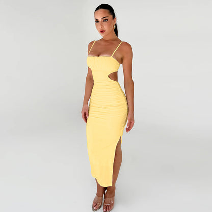 Women Cami Dress Sexy Backless Ruffle Hip Side Slit Maxi Dress