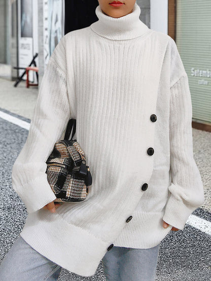 Women Turtleneck Sweater Autumn Winter Women Clothing Fastener Decoration Irregular Asymmetric Mid Length Sweater