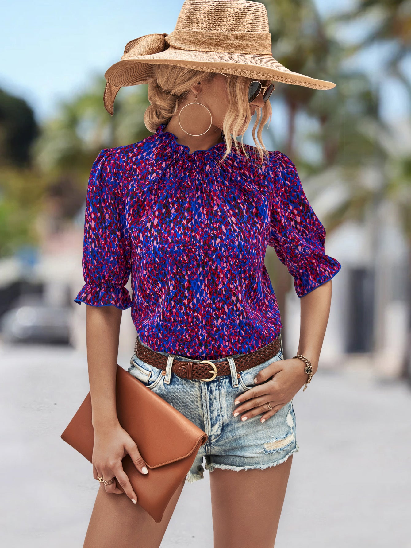 Popular Ruffled Collar Printed Short Sleeve Shirt Elegant