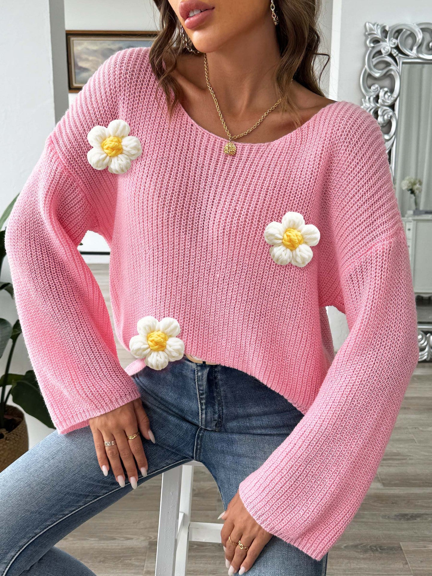 Women Pullover Sweater Patchwork Top Women Clothing Simple Loose off Shoulder off the Shoulder Flared Sleeves Sweater