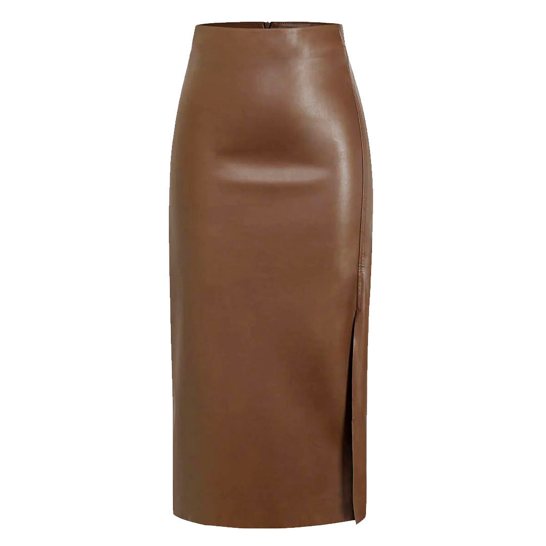 Autumn Winter Faux Leather Split Leather Skirt High Waist Zipper Skirt Slim Sheath Long Skirt Women