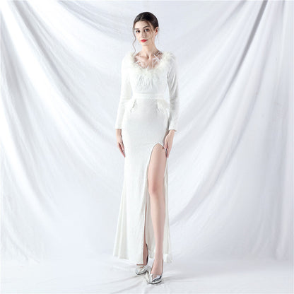 Craft Order Ostrich Feather Long Sleeve Sequin Evening Dress