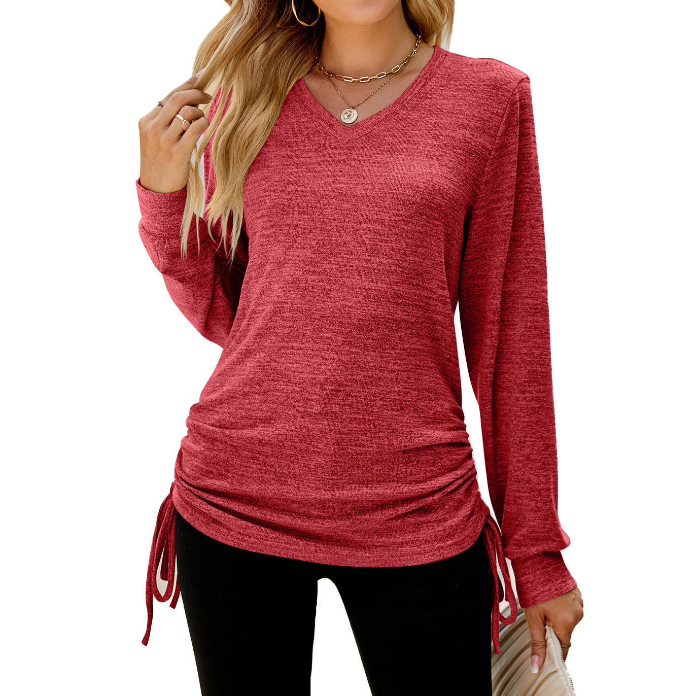 Autumn Winter Solid Color Long Sleeve V neck Pleating Loose itting T shirt Top Ladies