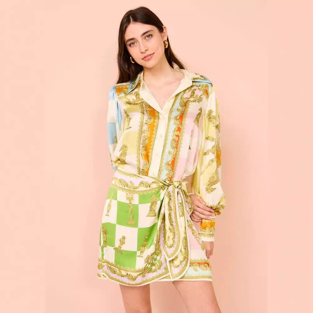 Lantern Sleeve Positioning Print Holiday Casual Dress