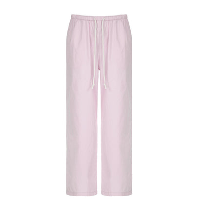 High Street Fashionable Elastic Waist Wide Leg Pink Woven Overalls Sexy Low Waist Casual Trousers Summer