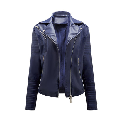 Short Spring Autumn Leather Women European Size Slim Collared Motorcycle Clothing Oblique Zipper Jacket Women Coat