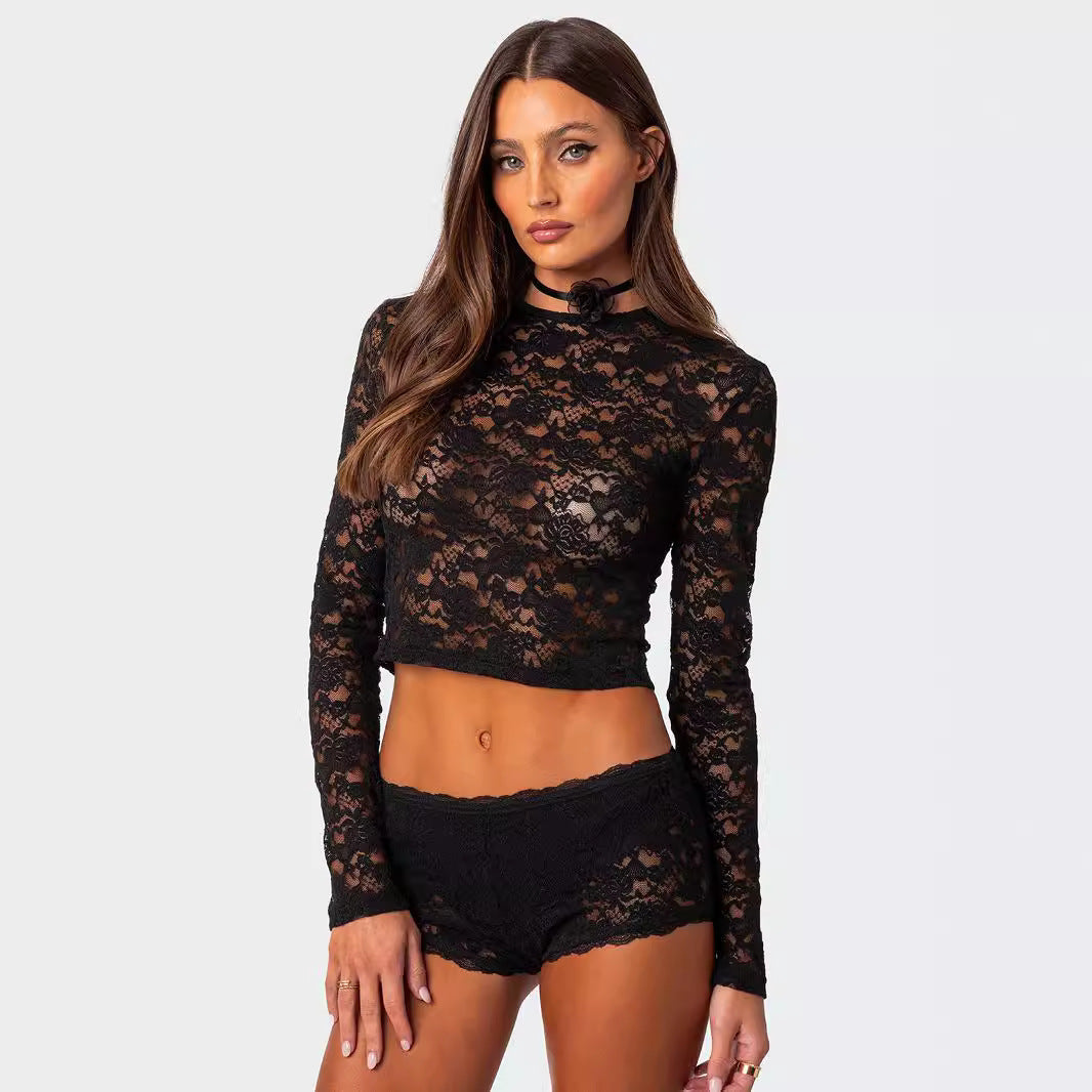 Private Clothes Sexy Lace Short Top Sexy Beautiful Slim Fit Long Sleeve T Shirt Women Summer