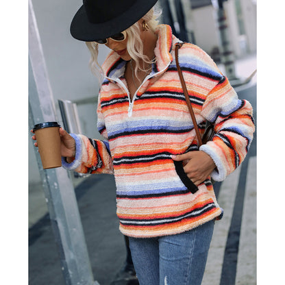 Ladies Mid Length Collared Long Sleeve Plush Striped Printed Plush Pullover Sweater