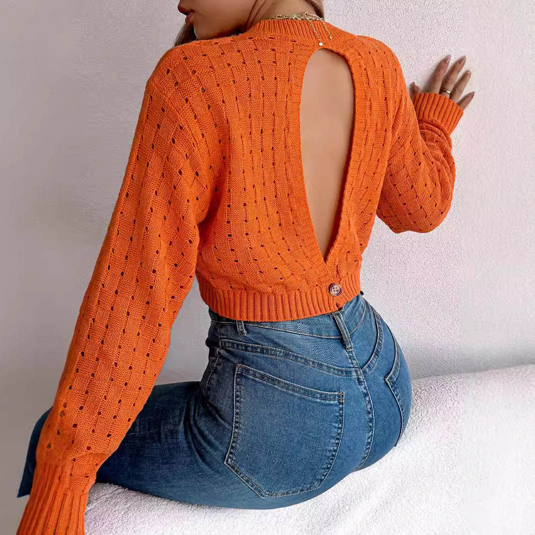 Autumn Winter Sexy Backless Button Hollow Out Cutout Knitted Long Sleeve Pullover Women Clothing