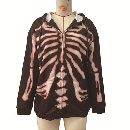 Women Halloween Skull Printed Long Sleeved Zipper Halloween Hoodies