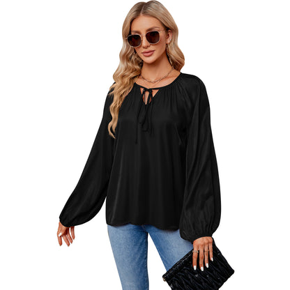 Satin Silk Shirt Women Clothing Lantern Long Sleeve Loose V Neck Lace Up Top