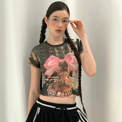 Sexy Sweet Spicy Bow Rabbit Print round Neck Western Contrast Color Shoulder T shirt