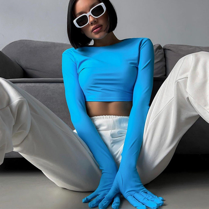 Women Clothing Summer Solid Color Slim Fit Cropped round Neck Long Sleeve Gloves T shirt Top