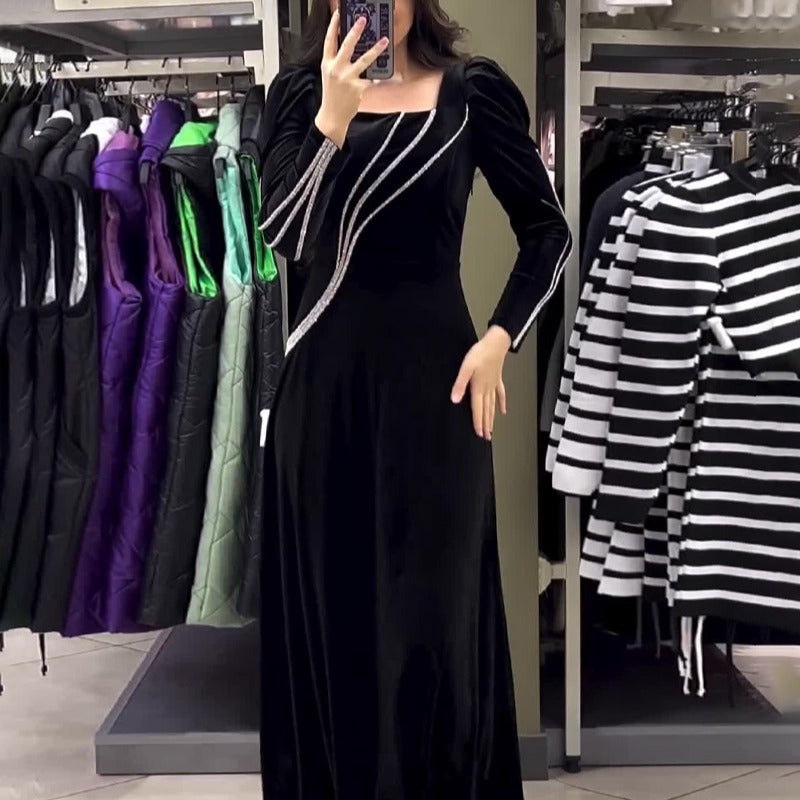 Autumn Long Sleeve Rhinestone Maxi Dress Slim Women