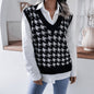 Autumn Winter  V-neck Houndstooth Casual Loose Knitted Vest Sweater Waistcoat Women Clothing