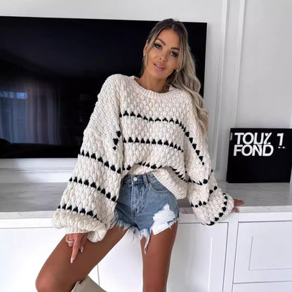 Autumn Winter Sweaters Thick Needle Loose Twist Stripes round Neck Pullover Women