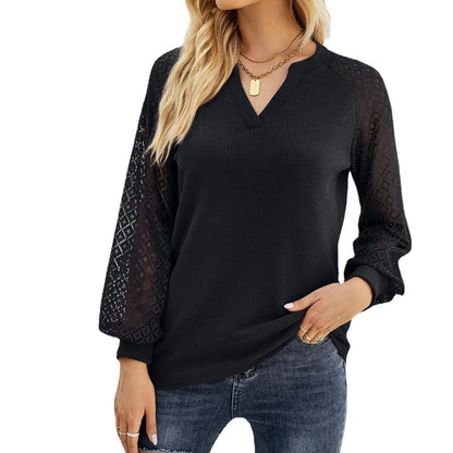 Women Clothing Autumn Winter Waffle Lace Stitching Long Sleeve V-neck T-shirt Top For Women