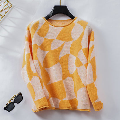 Contrast Color Pullover Sweater Women Autumn Winter Casual Loose Fitting Curl Sweater Women