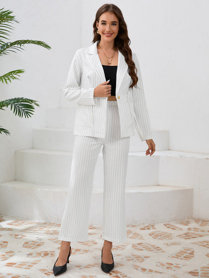 Casual Striped Collared Thin Strap Small Blazer Straight Leg Trousers Two Piece Set Suit Women Clothing