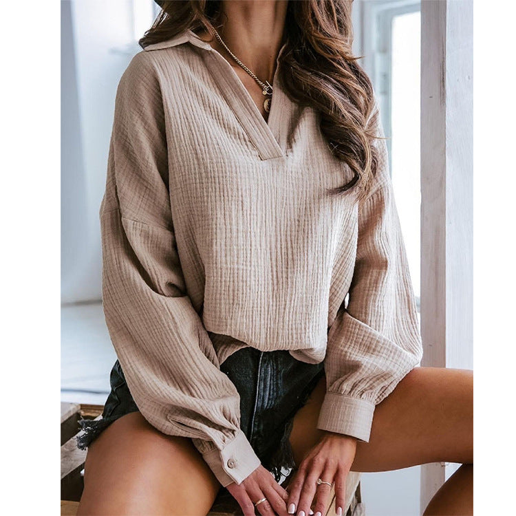 Autumn Winter Polo Collar Lantern Long Sleeve Solid Color Shirt Women Top