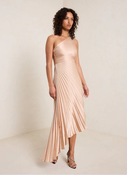 Women Clothing One Shoulder Sun Pleated Satin Dress