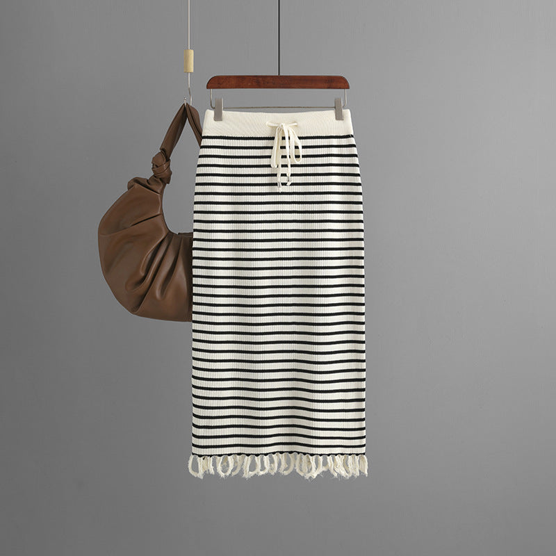 Casual Ice Silk Stripes Midi Dress Fringed Hem Skirt