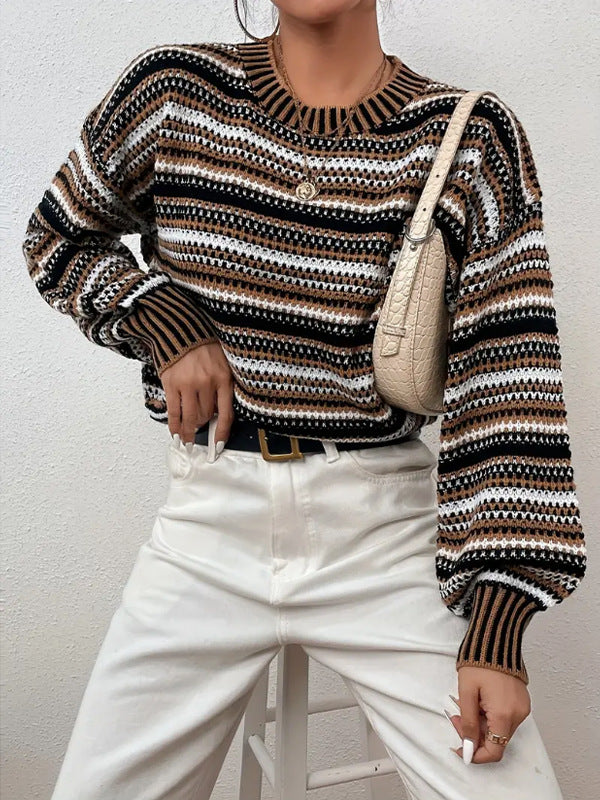 Autumn Winter Classic Contrast Color Striped Sweater Women Clothing Pullover Half Turtleneck Loose Sweater