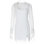 Women Clothing Summer Stylish Long Sleeves Sexy Mesh Stitching Split Dress