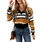 Autumn Winter Vintage Stripe Pullover Women Casual Loose Color Contrast Patchwork V Neck Sweater Women