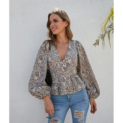 Elegant Floral Print Niche Women Shirt V Neck Lantern Sleeve Leopard Print Office All Matching Long Sleeve Top