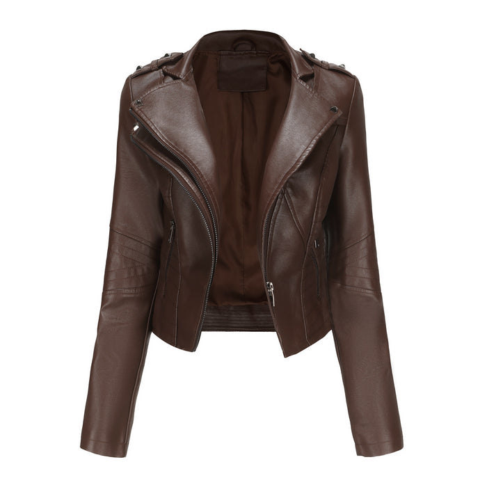 Slim Fit Long Sleeved Spring Autumn Leather Jacket Women Rivet Popular Short Jacket Zipper Leather Jacket